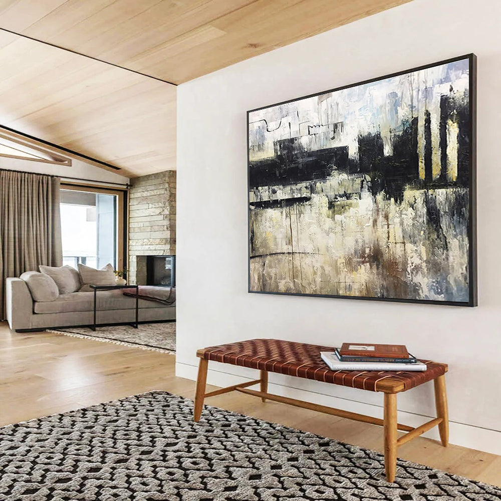 “Monochromatic Urban Abstract” - Black, White & Gray Abstract Cityscape, Moody Oil Painting On Canvas DKS717