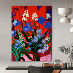 Vibrant Blooms: Blue Flowers on Red Painting On Canvas DS101