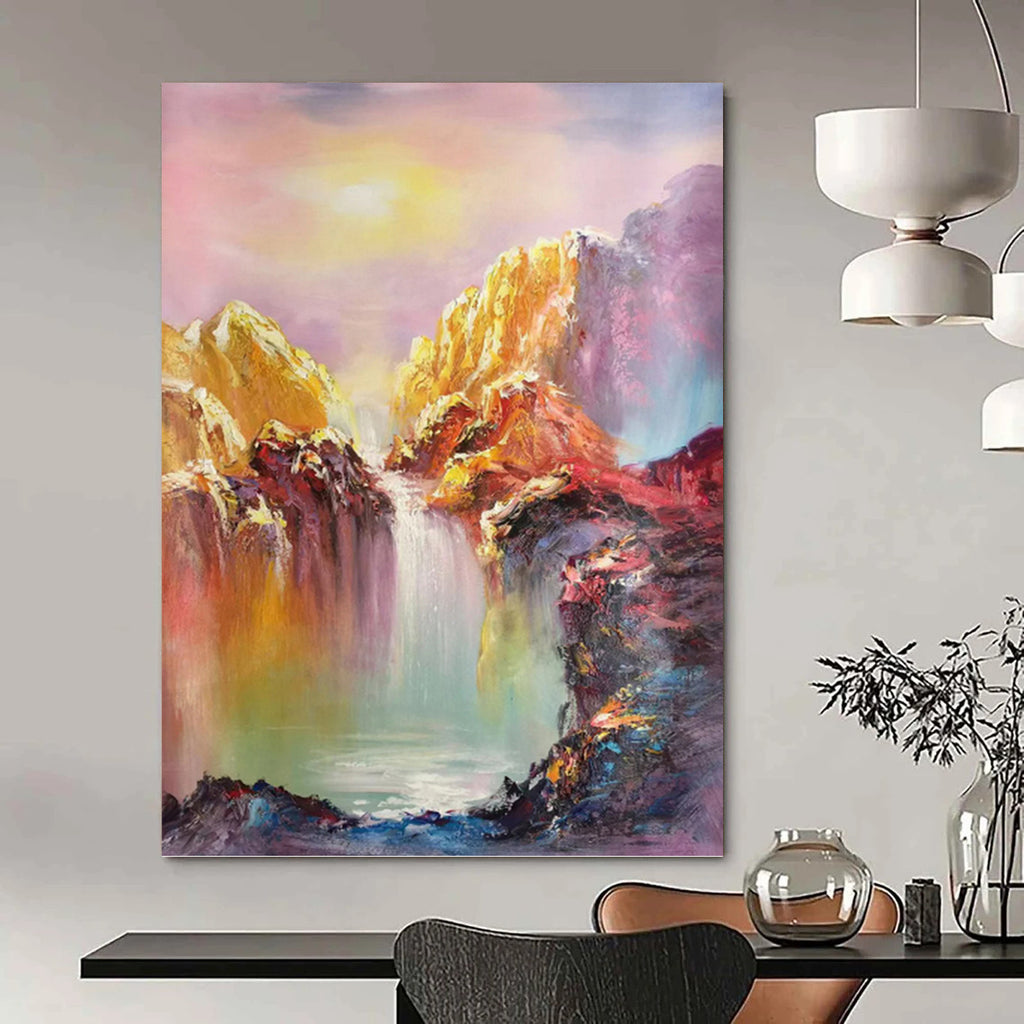“Colorful Mountain Waterfall” - Expressionist Landscape Painting On Canvas PT1279