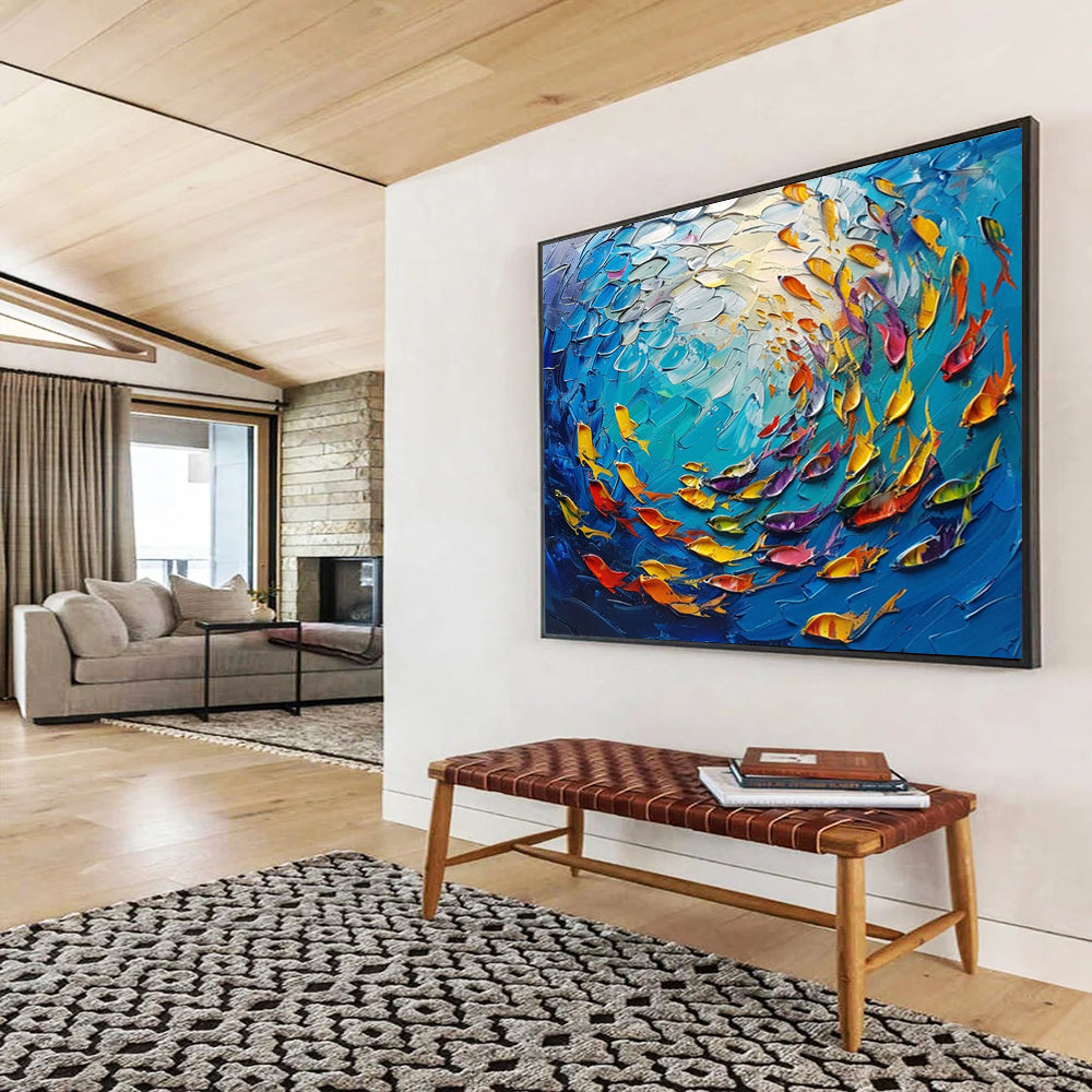 “3D Colorful Fish School” - Textured Underwater Painting On Canvas PT199