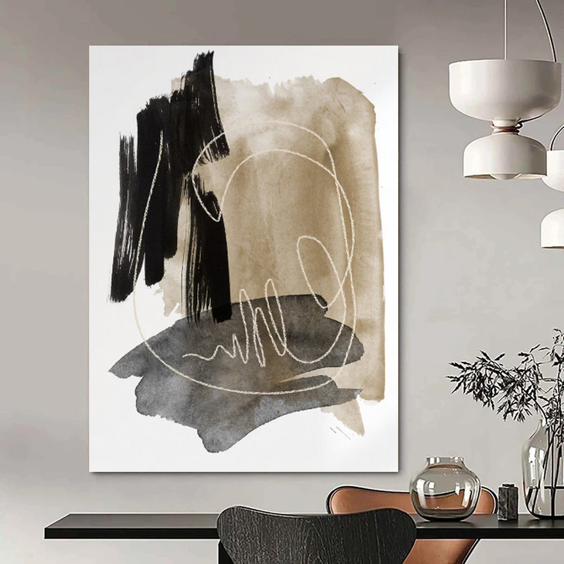 “Black, Beige, and Grey: Minimalist Abstract with White Lines” - Modern Calligraphic Art On Canvas PT0969