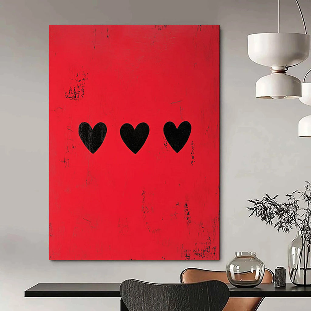 “Minimalist Red with Black Hearts” - Minimalist Conceptual Painting On Canvas PT1935