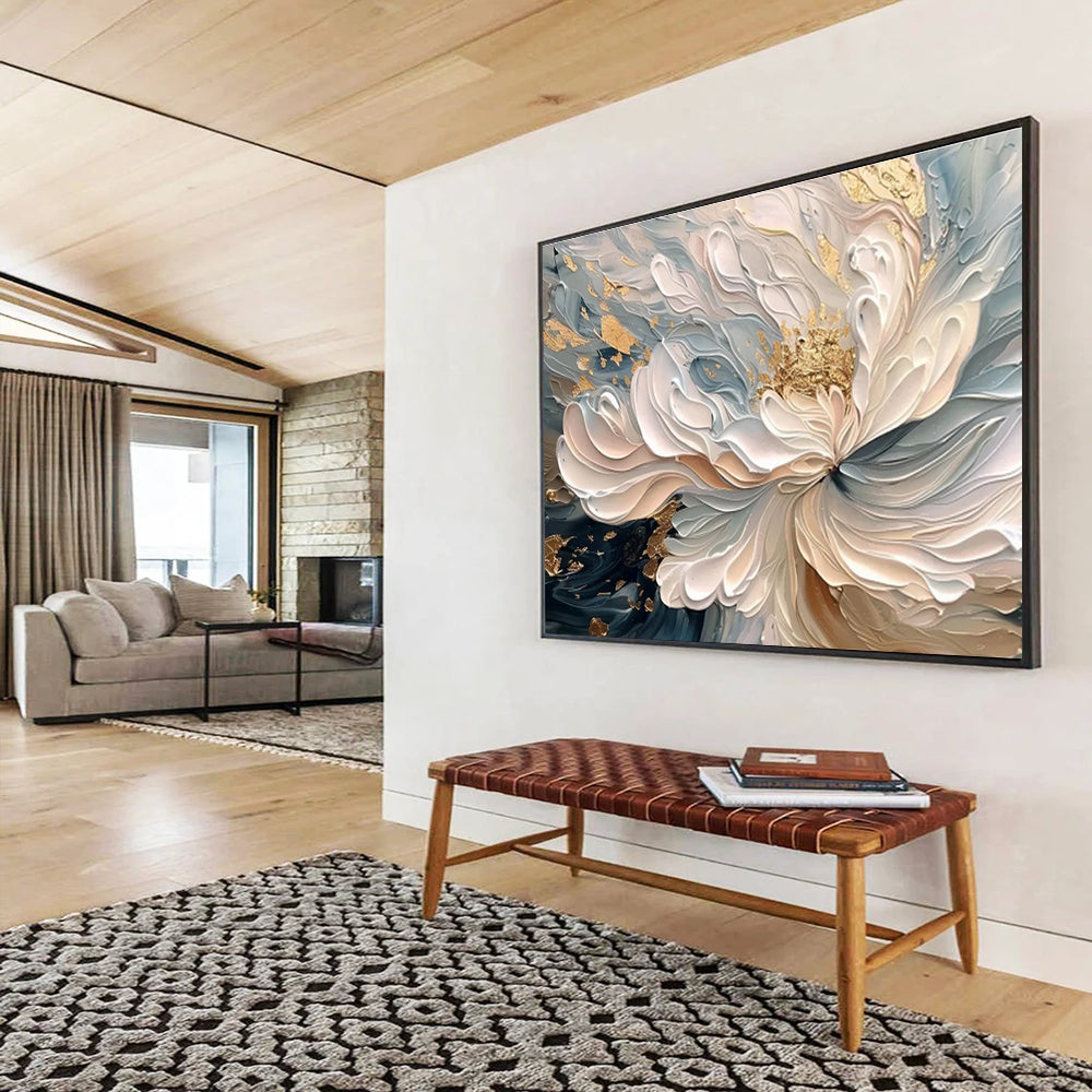 “Elegant Gilded Bloom” - Soft Blue, White & Gold Floral, 3D - Textured Flower Art Painting On Canvas DKS682