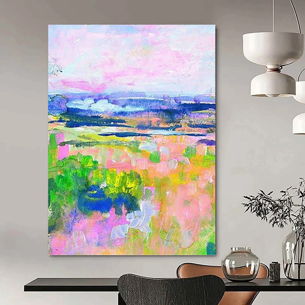 “Colorful Landscape: Pink, Green, and Blue Impressionistic Field” - Vibrant Impressionistic Painting On Canvas PT0934
