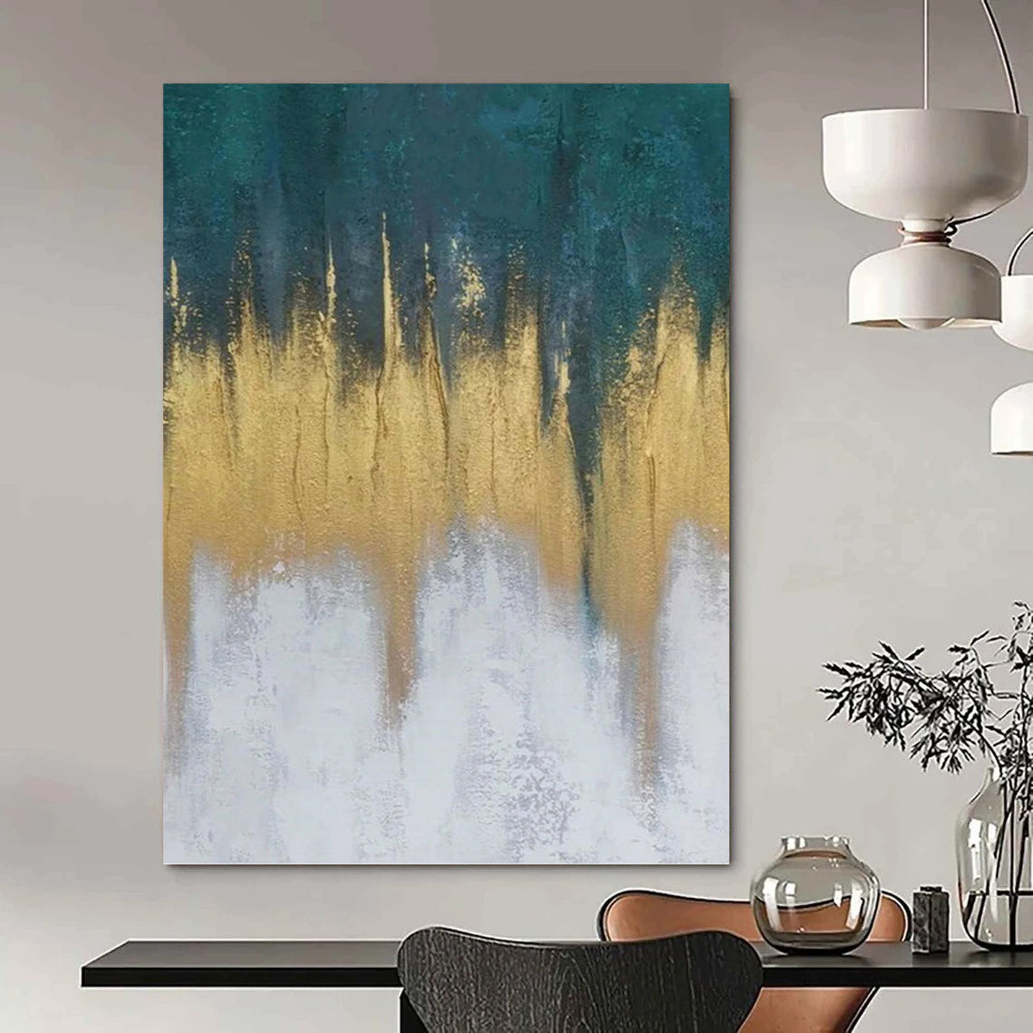 “Teal - Gold - White Drip” - Textured Abstract Painting On Canvas PT1235