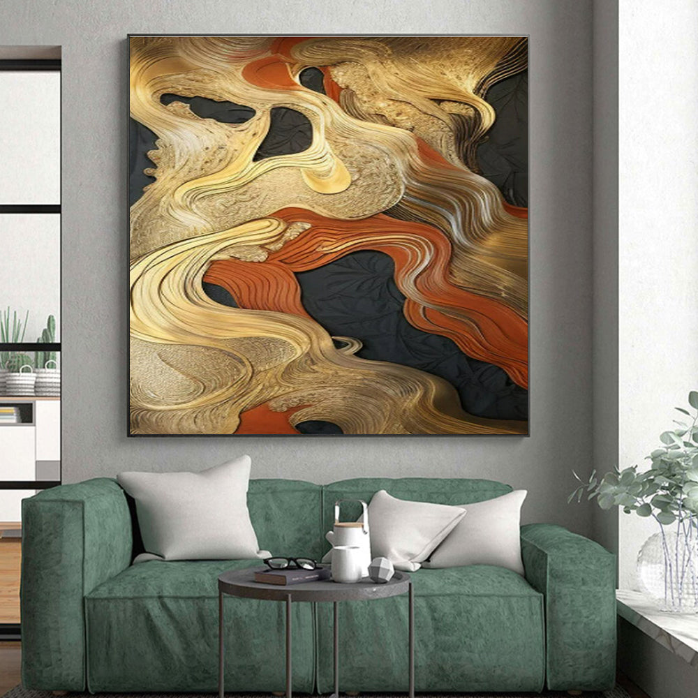 Gold, Orange & Black Abstract Waves Painting On Canvas PS0822