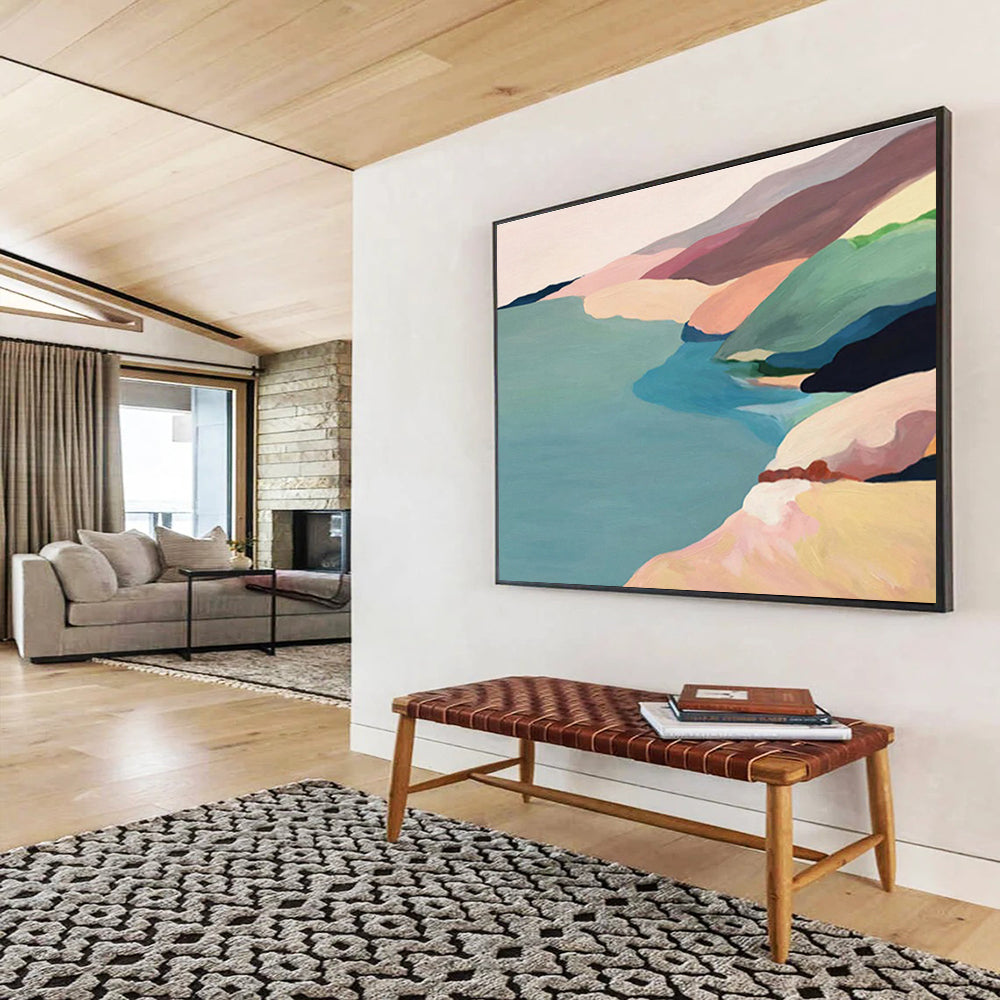 “Pastel Coastal Hills” - Blue, Pink & Beige Landscape, Minimalist Oil Painting On Canvas DKS741