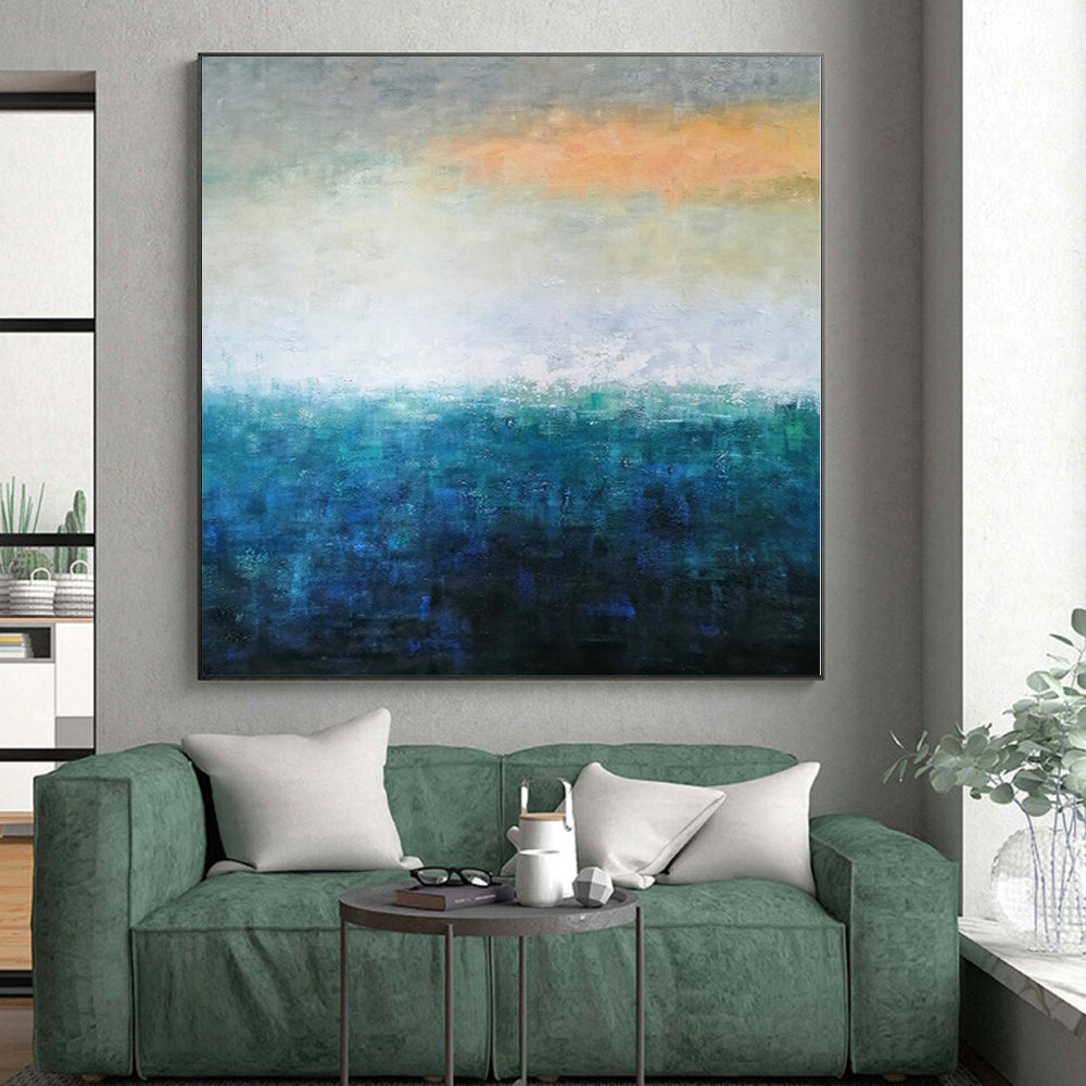 “Blue - Green Abstract Subtle Horizon” - Serene Seascape Painting On Canvas PS0372