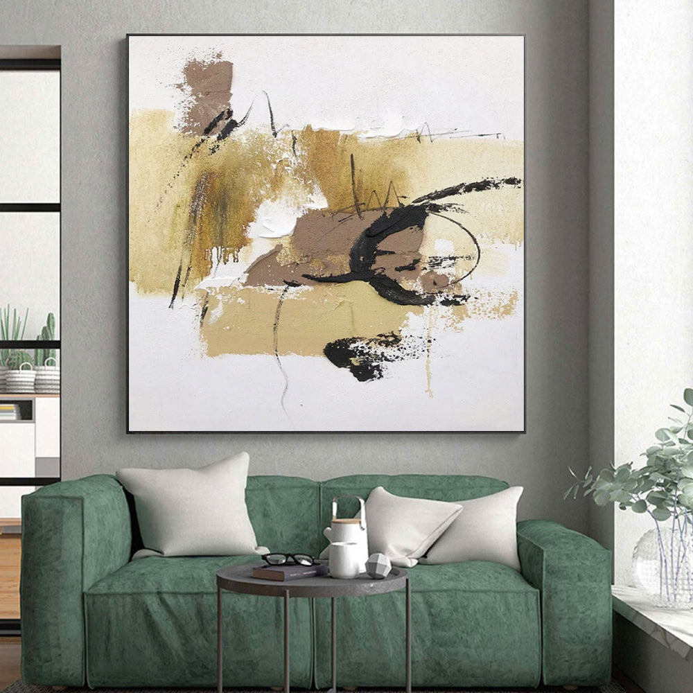 Beige, Brown, Black Organic Marks “Desert Sketch” - Painting On Canvas PS0797