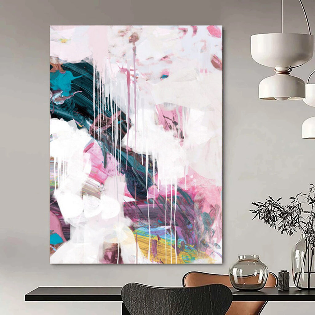 “Blush & Teal Drip Fusion” - Soft Pinks & Deep Greens with Drips Painting On Canvas DS192