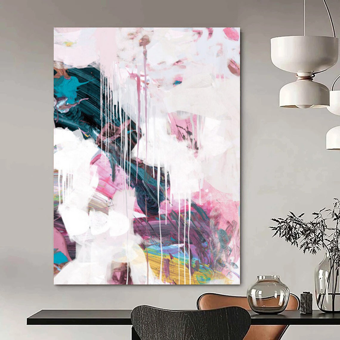 “Blush & Teal Drip Fusion” - Soft Pinks & Deep Greens with Drips Painting On Canvas DS192
