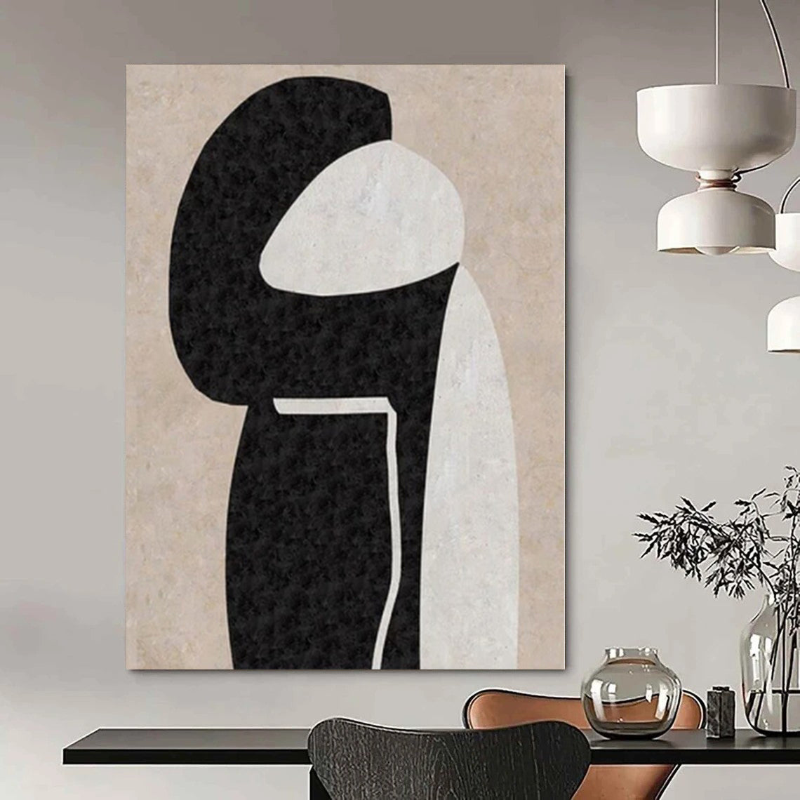 Black, White and Beige with Organic Shapes "Intimate Embrace" Abstract Painting On Canvas PS1134