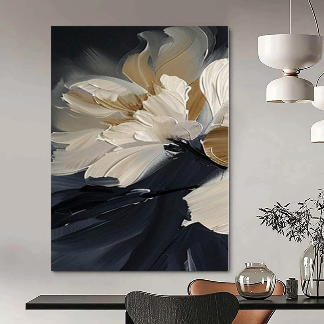 Cream and Black Floral "Elegant Blossoms" Impasto Flower Painting On Canvas PS1091