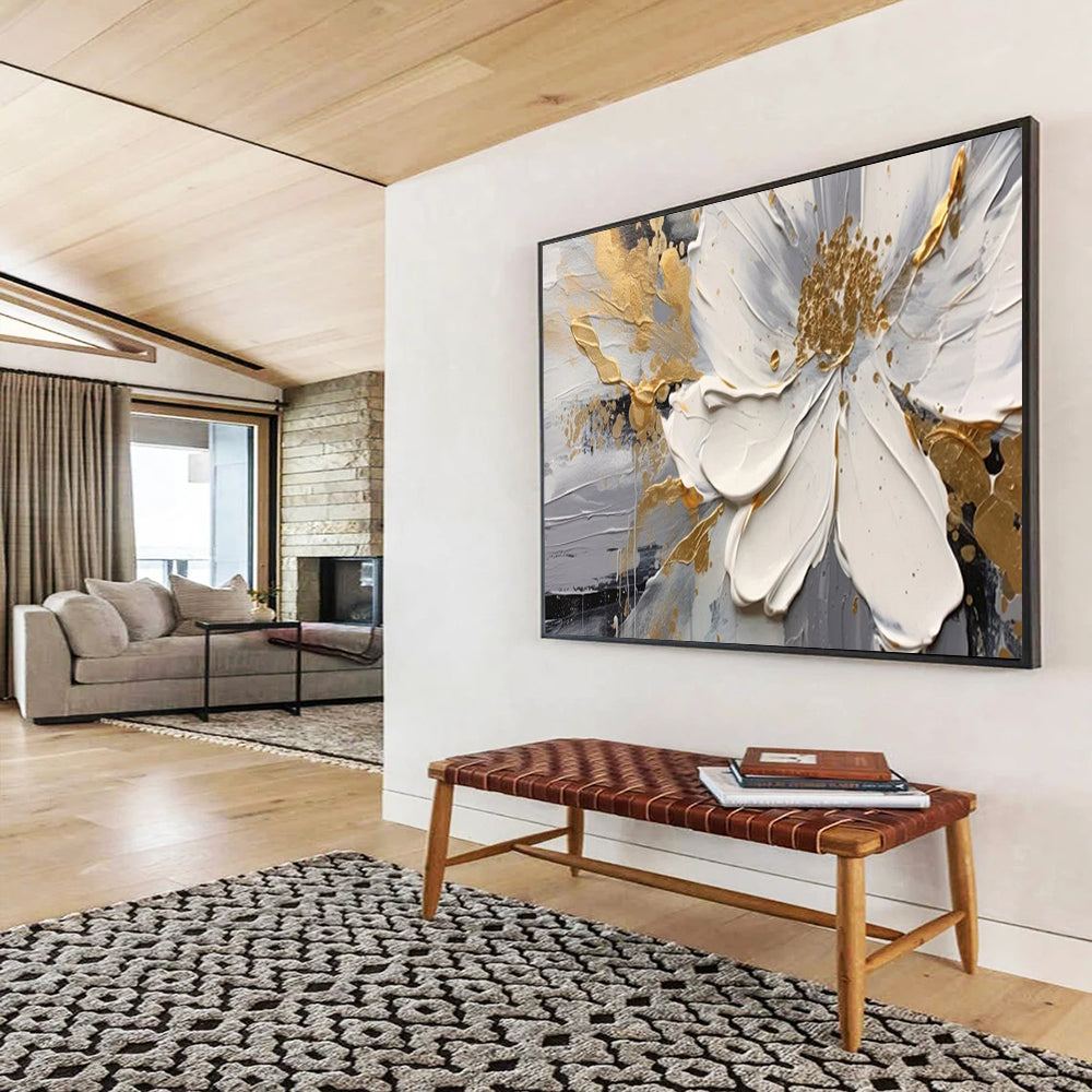 “White Flower & Gold Accents” - Impasto Floral - Painting On Canvas PT1703
