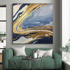 “Blue - Gold Marble Swirls” - Blue, Gold, White Abstract Marbled Painting On Canvas PS0555