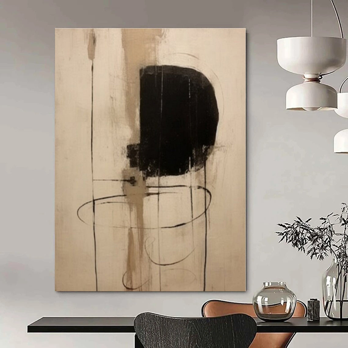 Beige, Black with Line and Shape "Linear Forms" Abstract Painting On Canvas PS1290