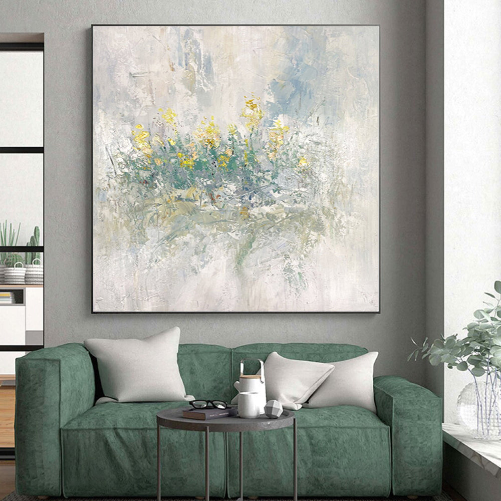 “Soft Yellow - Green Floral Abstract” - Impressionistic Floral Painting On Canvas PS0304