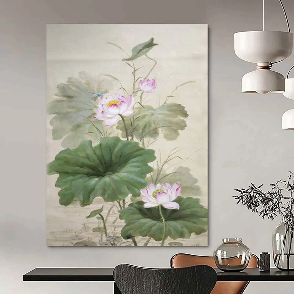 “Traditional Chinese Lotus” - Oriental, Floral - Themed Painting On Canvas PT1588