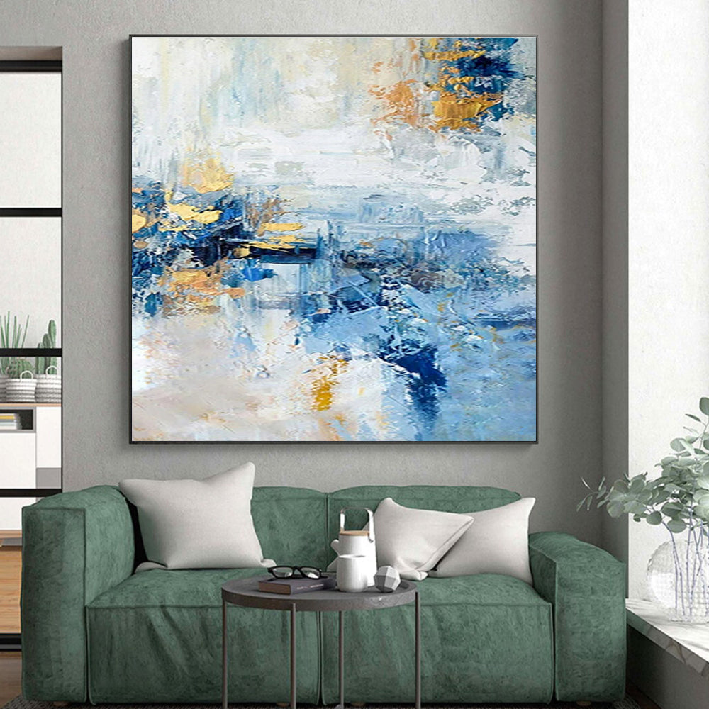 “Blue - Gold Abstract Fusion” - Blue, White, Gold Abstract Expressive Painting On Canvas PS0643