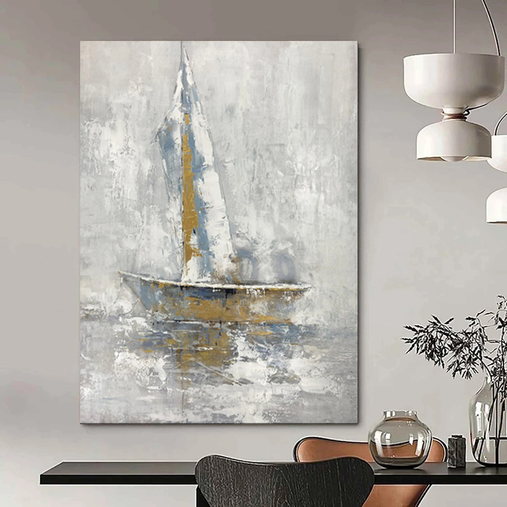 “Sailboat in Gray - Blue Abstract” - Nautical Abstract Painting On Canvas PT1957
