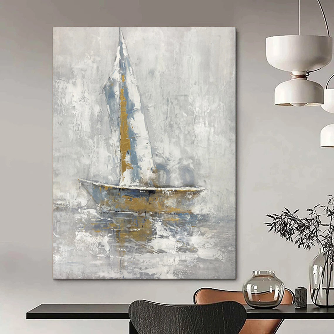 “Sailboat in Gray - Blue Abstract” - Nautical Abstract Painting On Canvas PT1957
