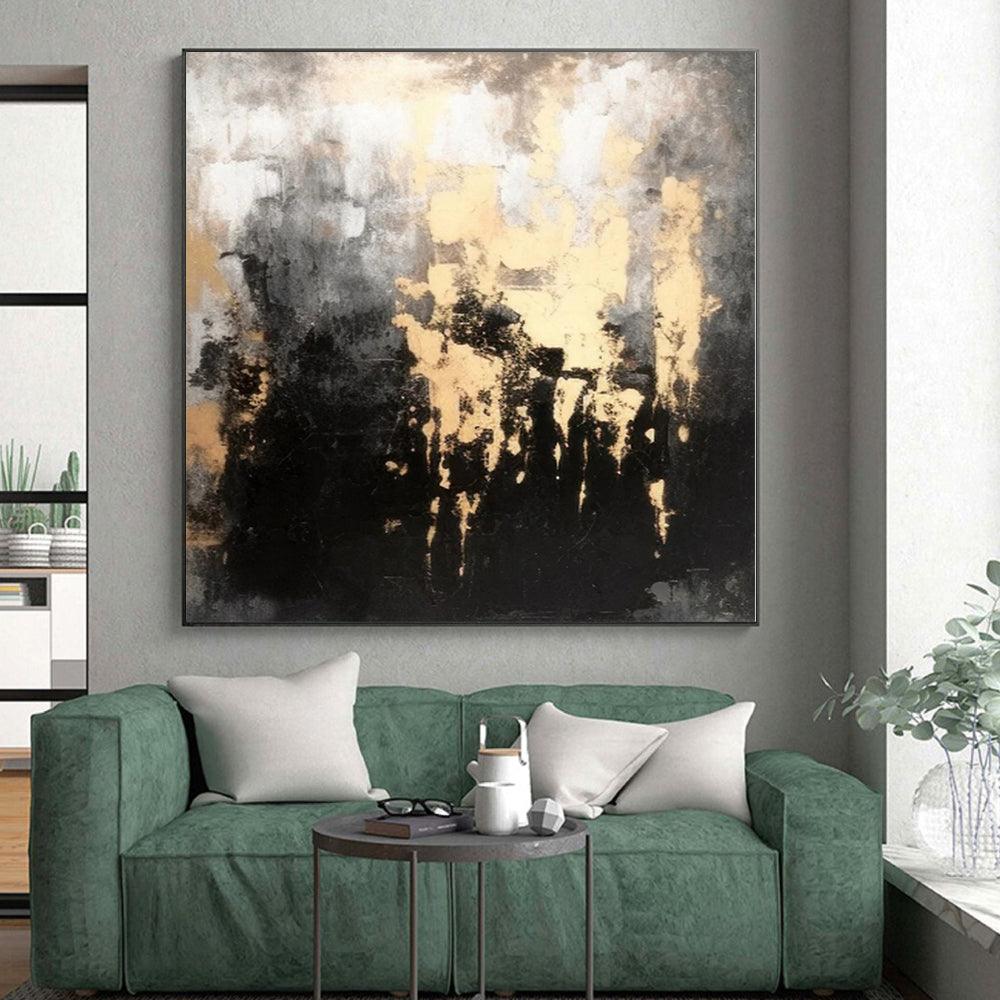 “Moody Black - Gold Abstract with Dripping Paint” - Dramatic Abstract Painting On Canvas PS0283