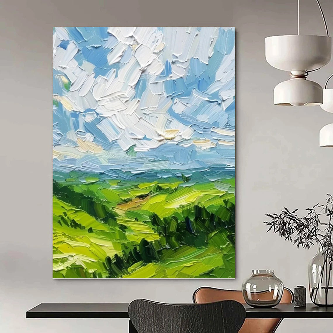 “Textured Green Landscape” - Impressionistic, Vivid - Hued Painting On Canvas PT1557