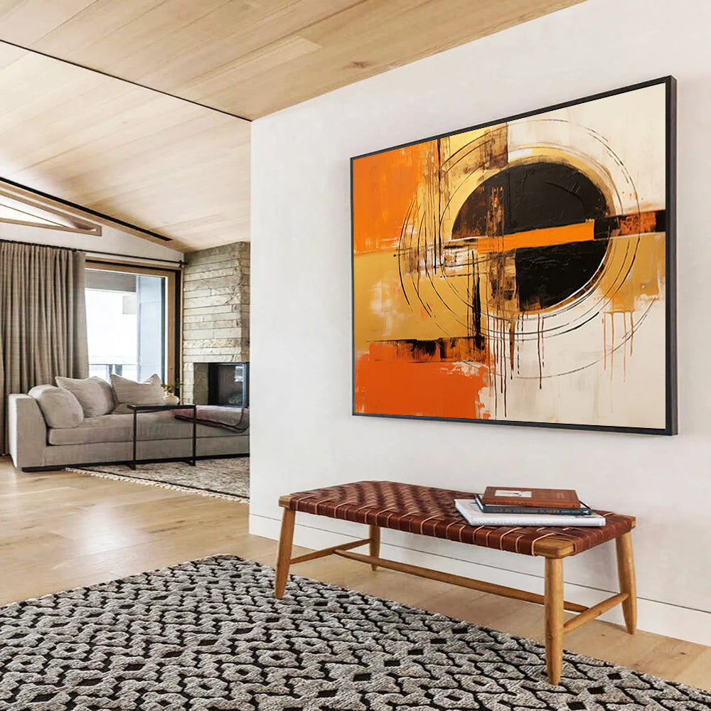 “Orange, Gold, and Black Circular Abstract” - Expressive Abstract Painting On Canvas PT105