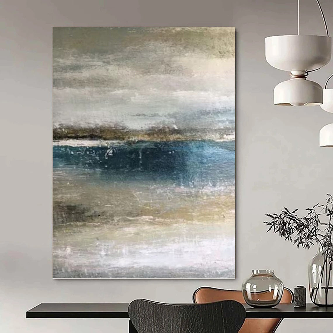 “Muted Tones Seascape: Grey, Blue, and Beige” - Abstract Coastal Painting On Canvas PT0945