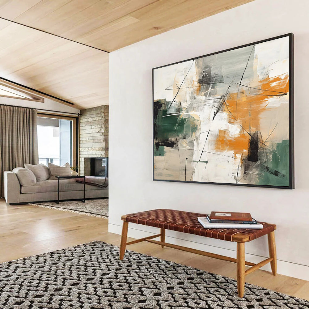 “Green, Orange, and Gray Abstract Strokes” - Expressive Abstract Painting On Canvas PT100