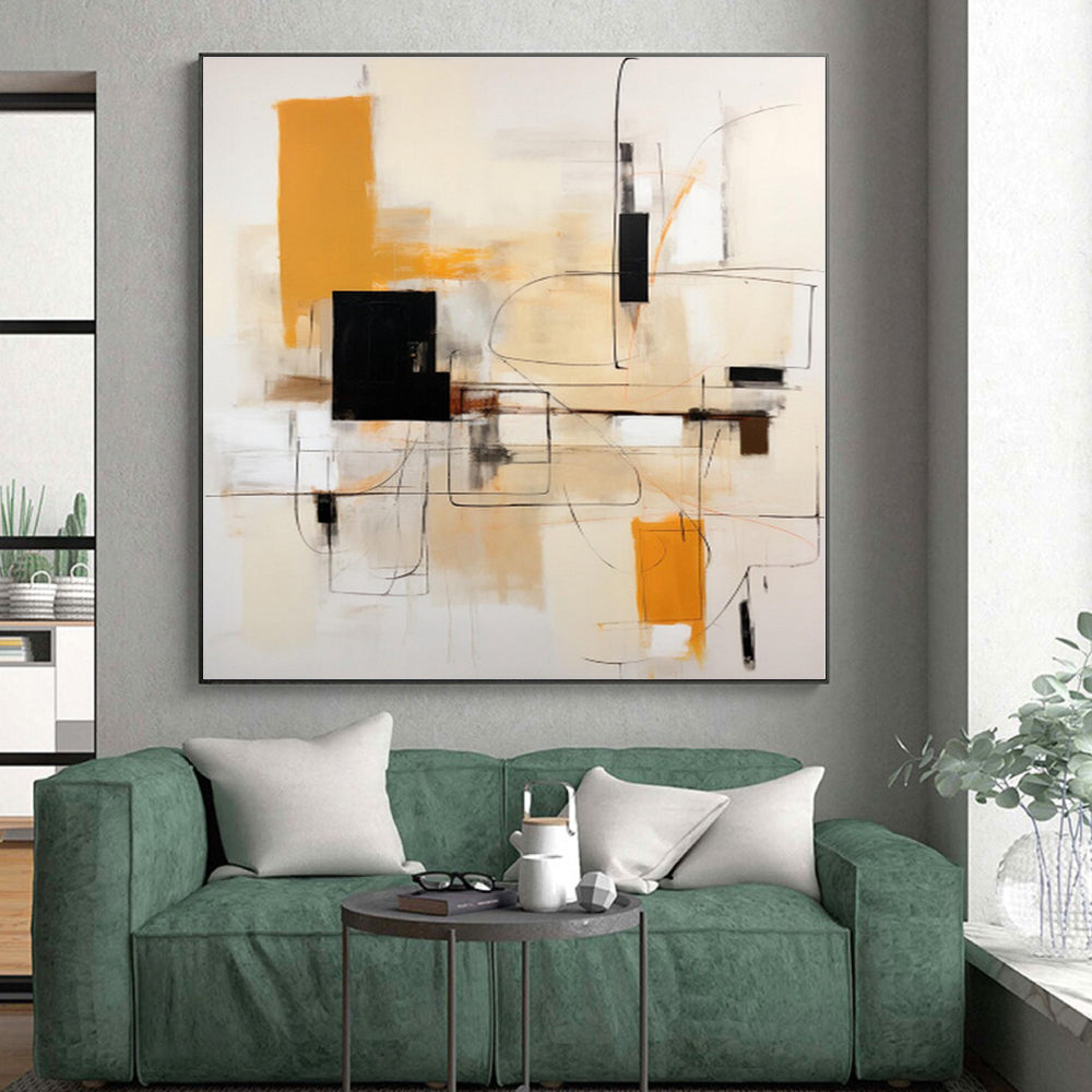 “Black, Orange & Beige Abstract Lines” - Abstract Geometric Painting On Canvas PS0404