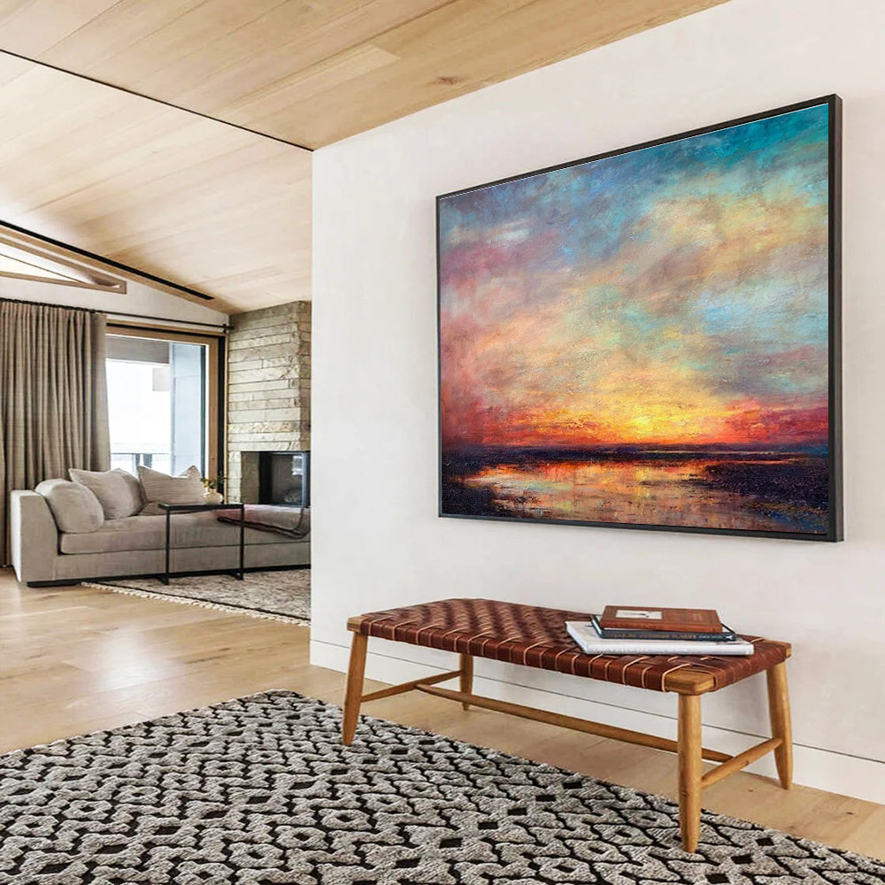“Vibrant Sunset Reflection” - Blue, Pink & Orange Seascape, Expressive Oil Painting On Canvas DKS776