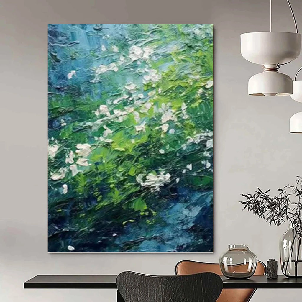 “Green - Blue Floral Impasto” - Impressionist - Inspired Nature Painting On Canvas PT1404