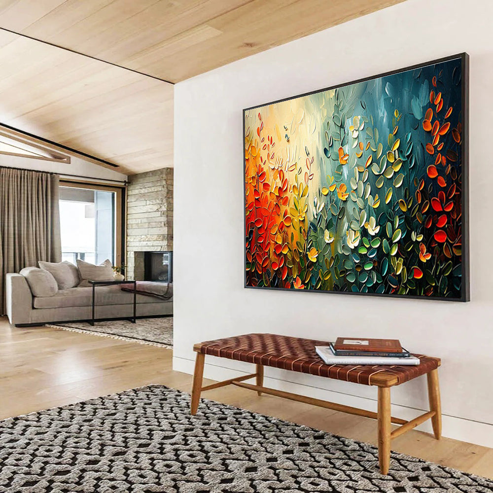 “Colorful Leaf Symphony” - Vibrant Green, Yellow & Red Textured Leaf, Impasto Nature Painting On Canvas DKS711