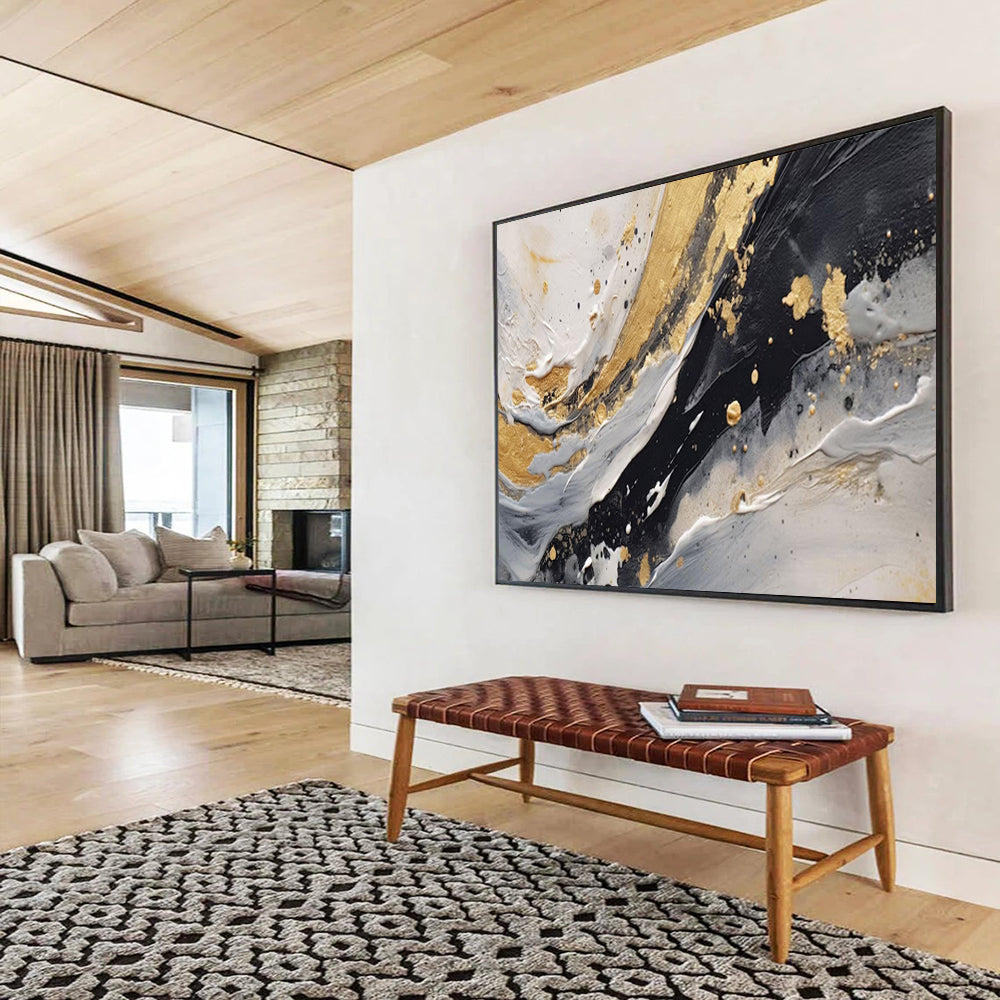 “Gold Splashes & Monochrome Waves” - Abstract Expressionist - Painting On Canvas PT1710