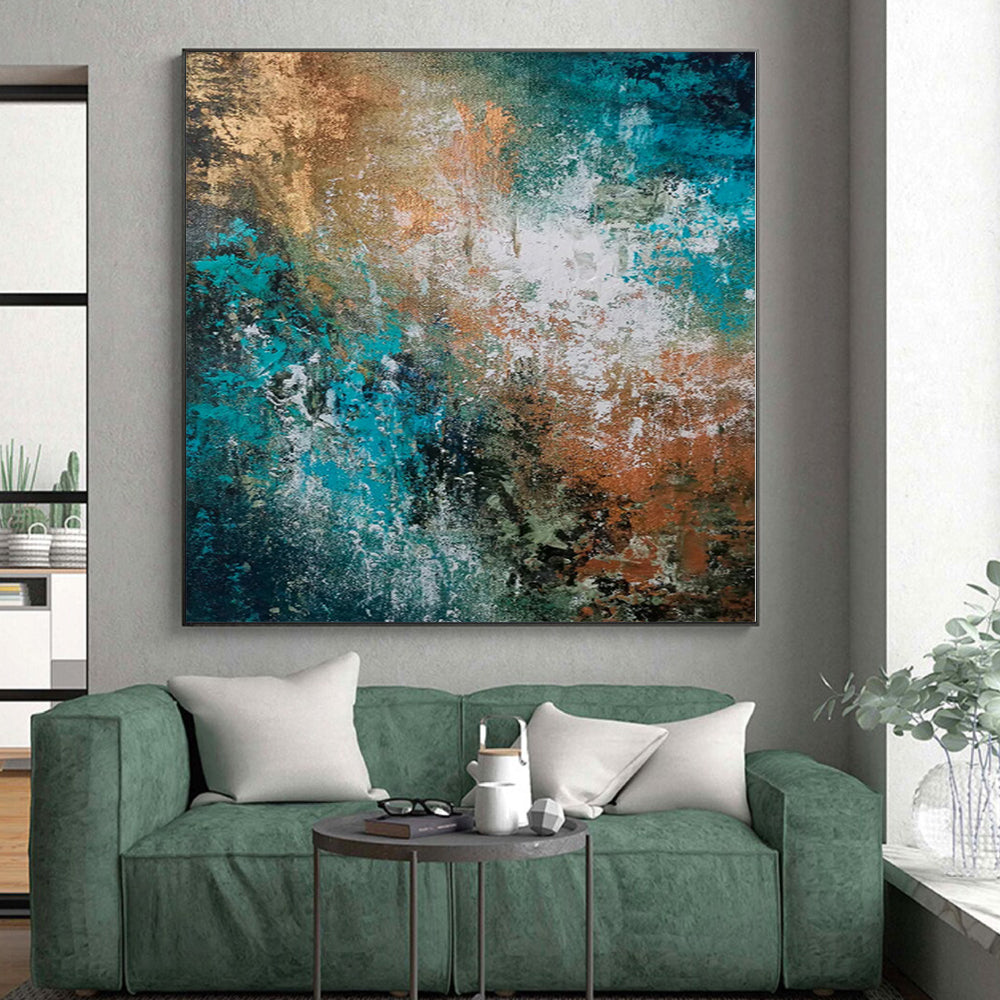 “Teal and Copper Abstract Fusion” - Abstract Impasto Painting On Canvas PS0019