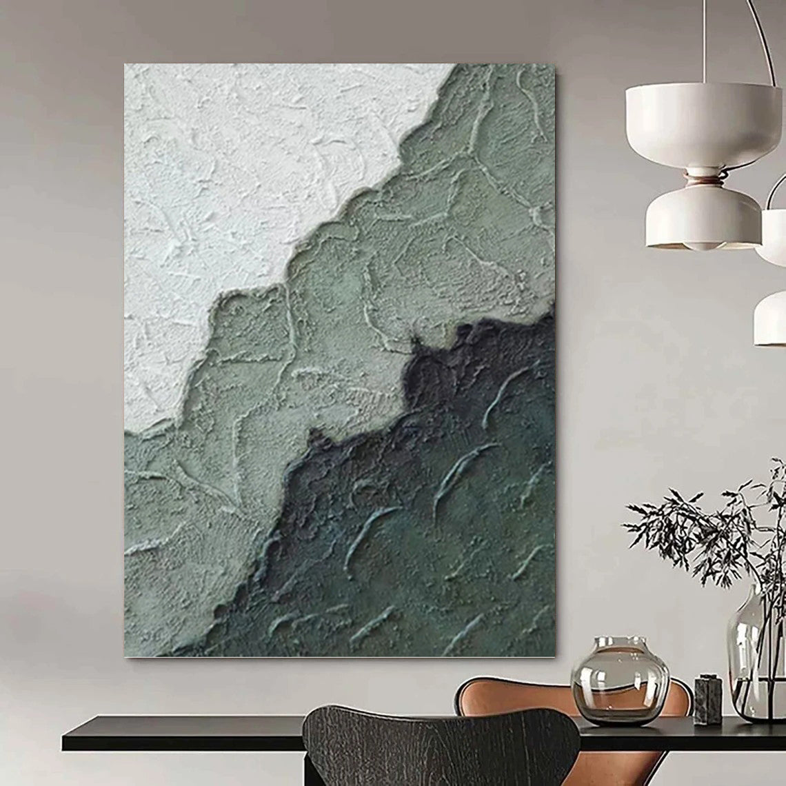 “Textured Green - Grey Abstract” - Minimalist Abstract Painting On Canvas PT1212