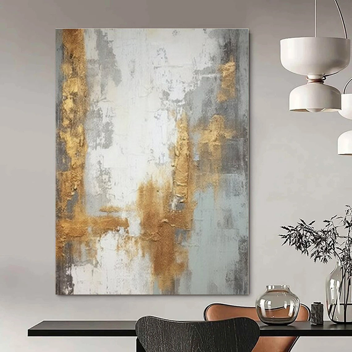 Gray, Gold, White with Textured Layers "Gilded Echoes" Abstract Painting On Canvas PS1270