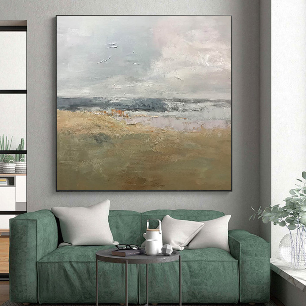 “Soft Grey - Beige - Blue Abstract Landscape” - Serene Abstract Painting On Canvas PS0308