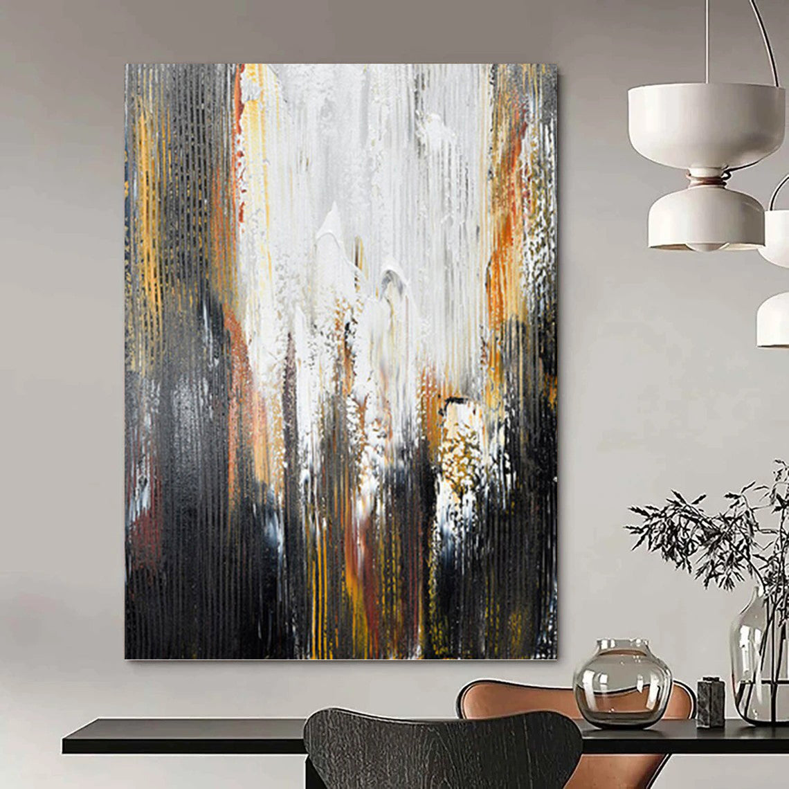 “Grey - White - Gold Abstract Streaks” - Abstract Expressionist Painting On Canvas PT1229