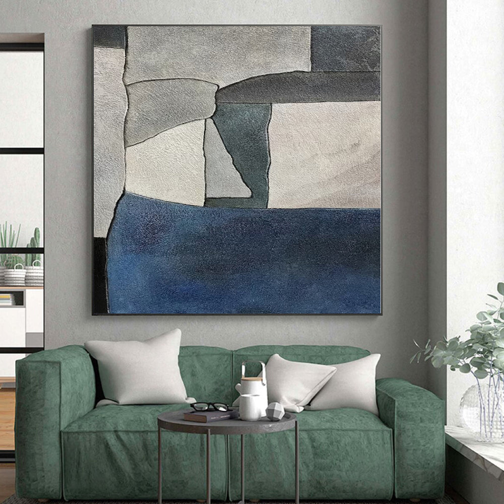 “Gray Block Harmony” - Gray, Blue Abstract Geometric Painting On Canvas PS0386