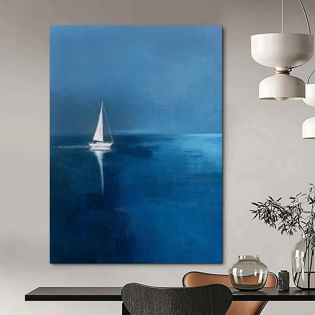 “Deep Blue Sailing Solitude” - Minimalist Seascape Painting On Canvas PT1877