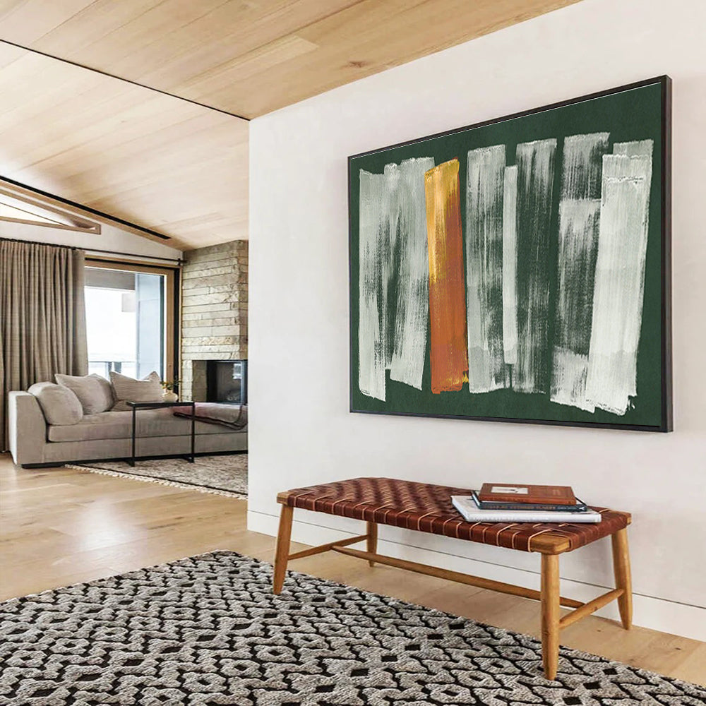 “Green Background with Gray and Gold Strokes” - Abstract Acrylic Painting, Great for Office & Living Room DKS612