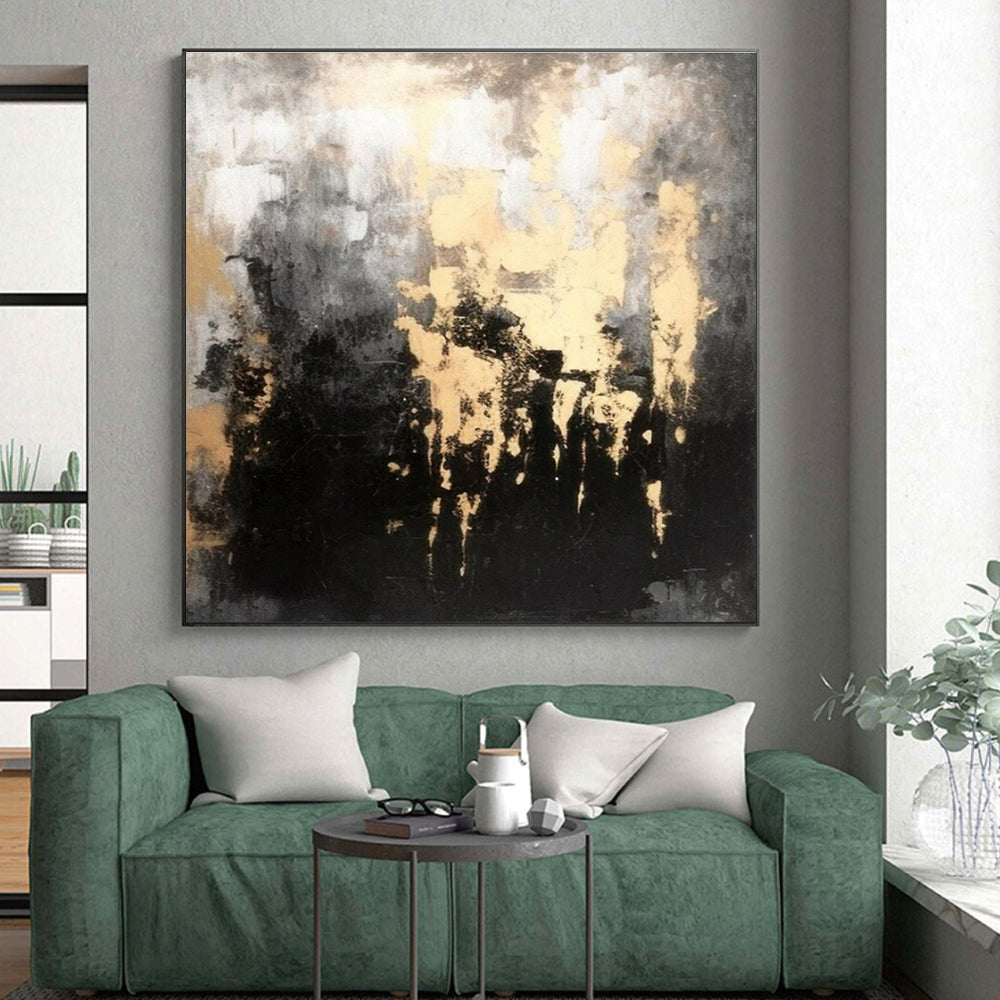 “Gilded Grayscale Drip” - Black, Gray, Gold Abstract Textured Painting On Canvas PS0622