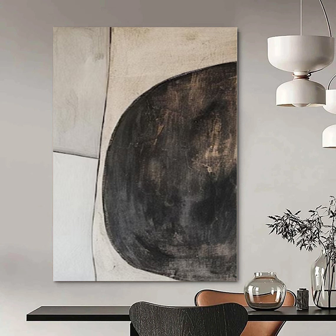 Beige and Black Circular Shapes "Organic Minimalism" Abstract Painting On Canvas PS1081