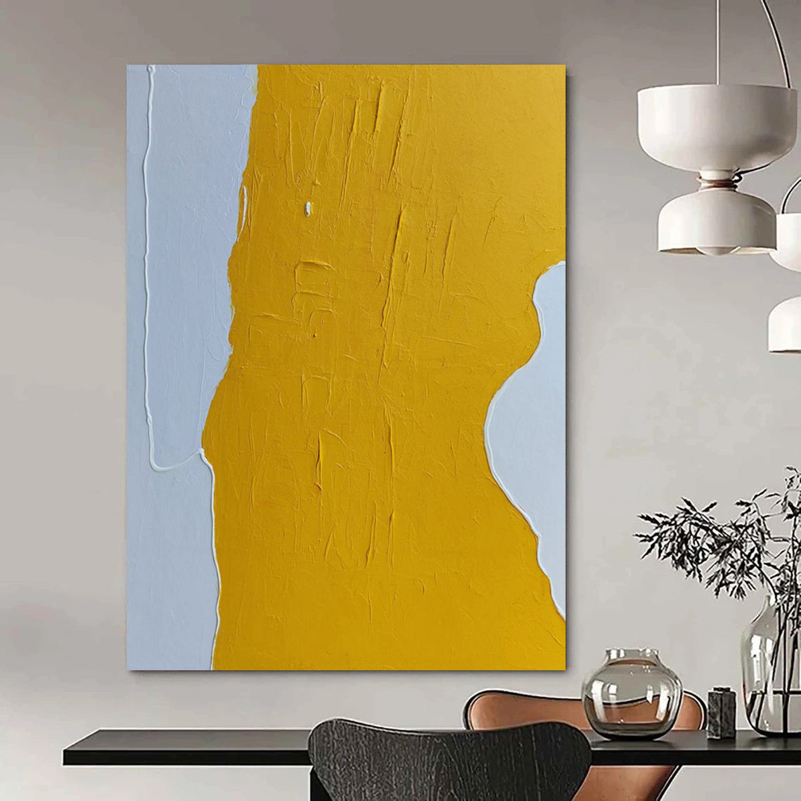 “Yellow and Grey Abstract Form” - Textured Minimalist Painting On Canvas DS351