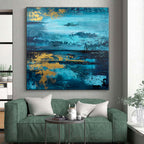 “Teal - Gold Abstract Landscape” - Teal, Gold, Blue Abstract Painting On Canvas PS0446