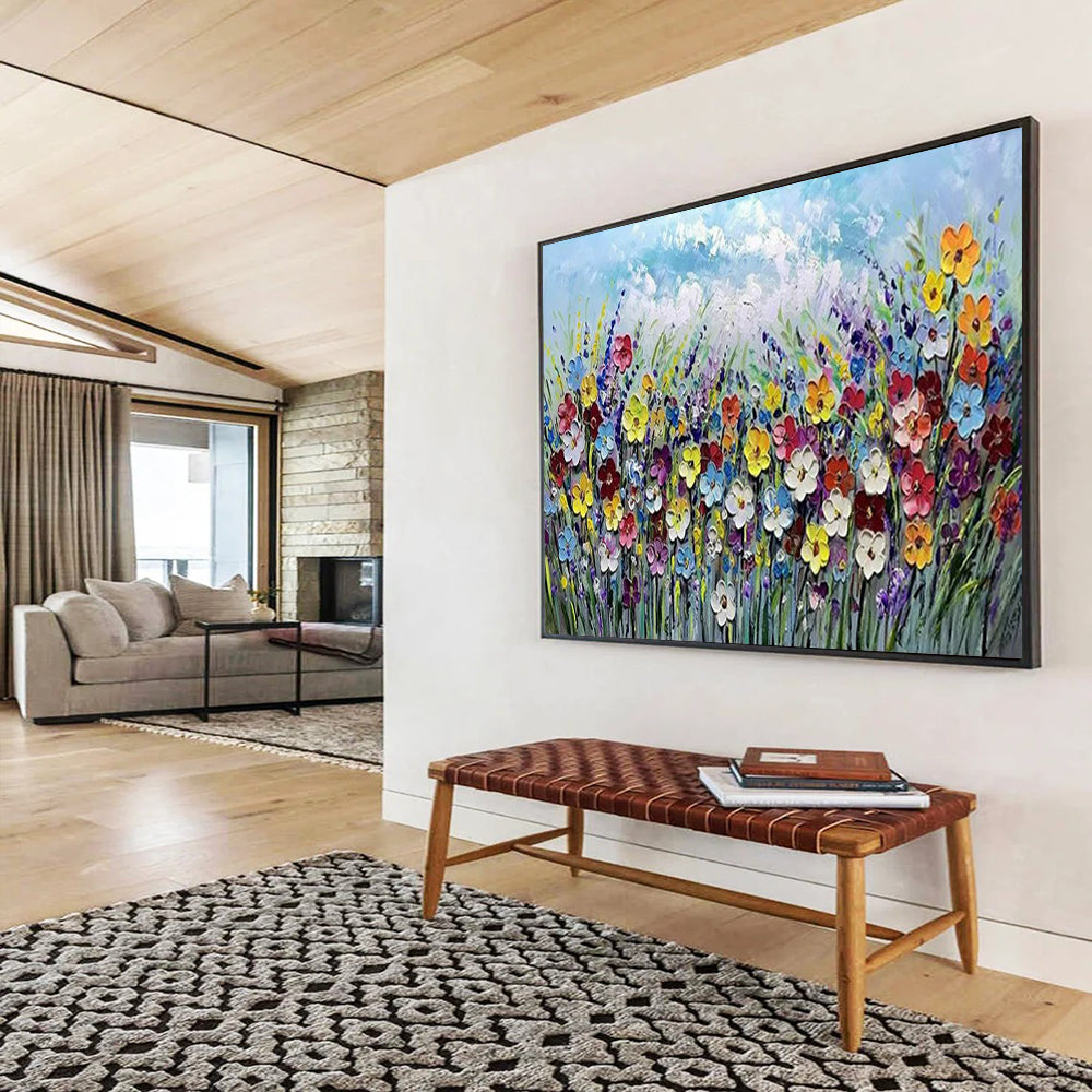 “Colorful Flower Field with Thick Textures” Impasto Floral Painting On Canvas PT1795