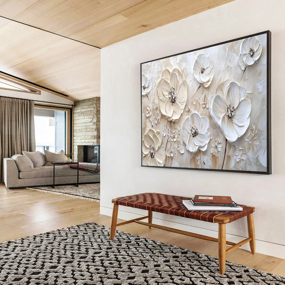 “Textured White Flowers on Beige” - Impasto Floral - Painting On Canvas PT1769