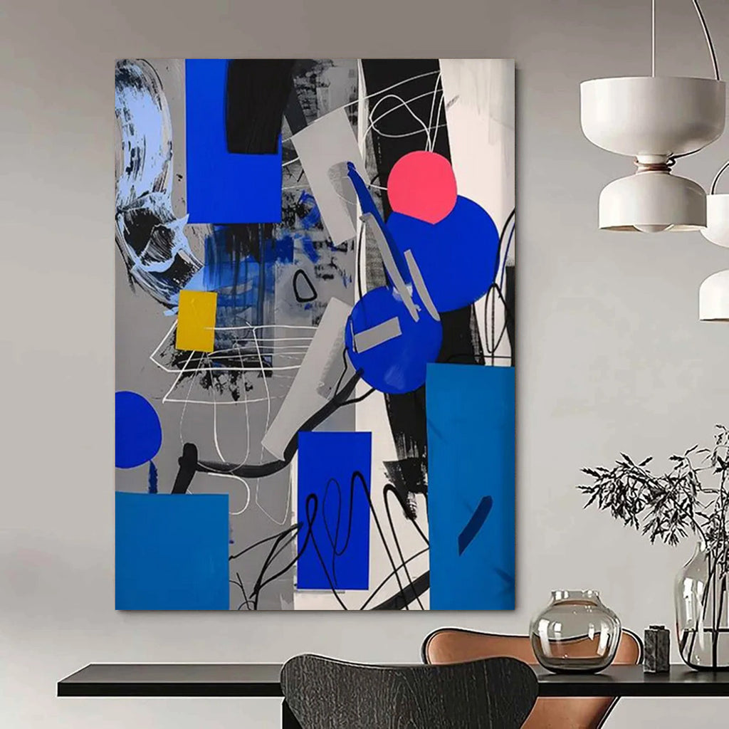 Geometric Fusion: Blue, Gray & Pink Painting On Canvas DS110